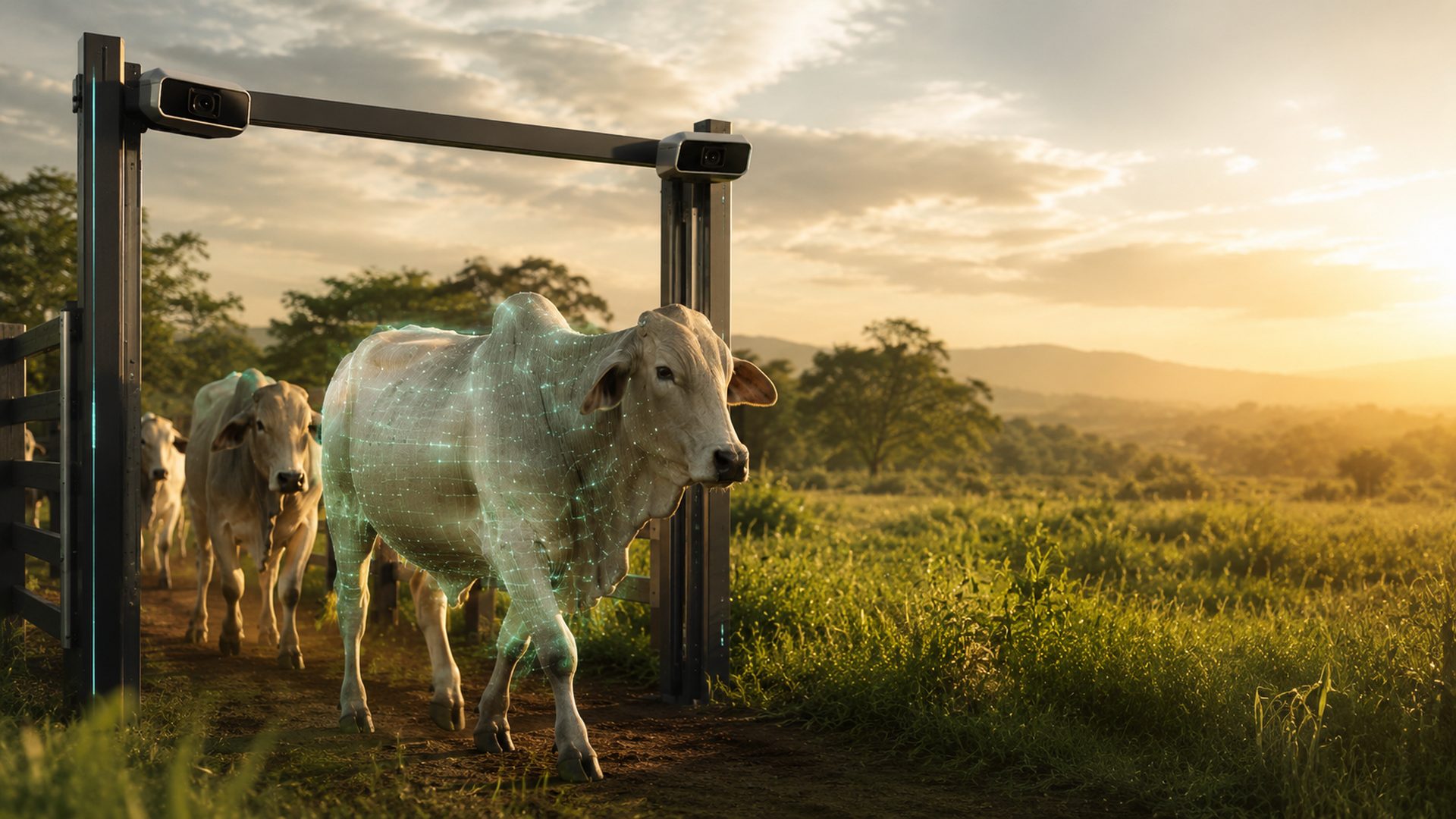 Bovino cebú pasando por un portal de cámaras 3D de NeoLince para pesaje sin báscula